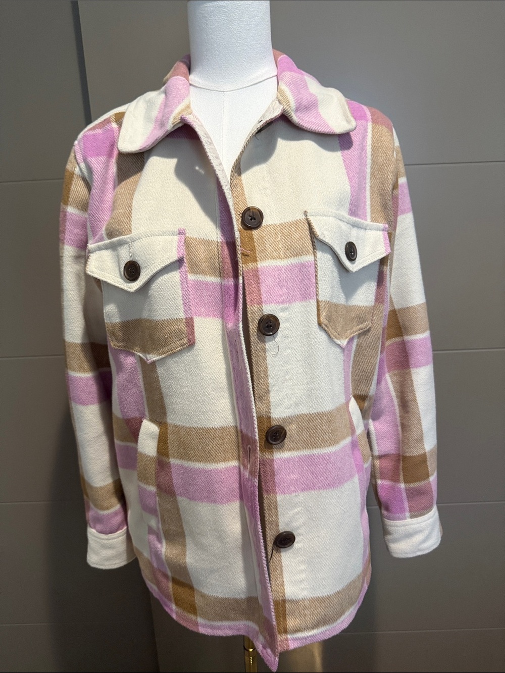 GAP Pink Cream & Brown Plaid Shacket